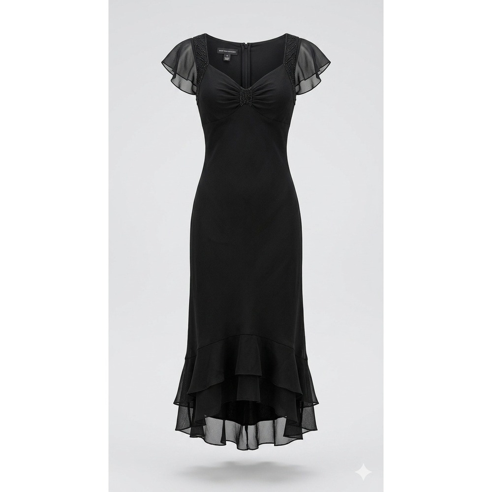Jones New York Women's Silk Chiffon Sleeveless Black Beaded Dress. Size 10